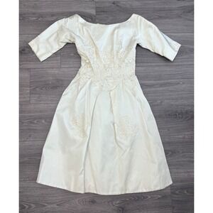 Vintage 1960s Paulines Bridal Shoppe Ivory Tea Length‎ Wedding Dress XS Small